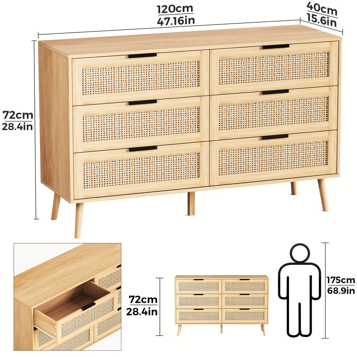 Cômoda de vime natural para quarto com 6 gavetas, cômodas de madeira duráveis com puxadores pretos, gavetas duplas de armazenamento modernas de vime natural feitas à mão para quarto, armário, unidades de gavetas de armazenamento da sala de estar