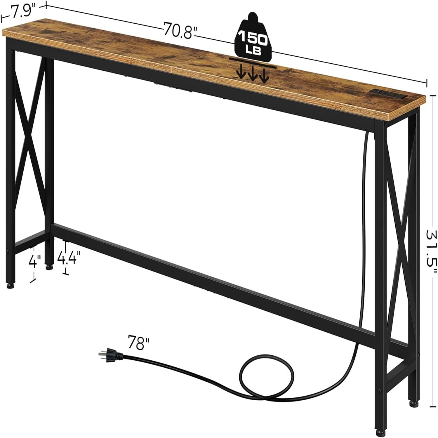 Mesa de console de 55,1/70,8 polegadas com tomada, mesa de sofá com estação de carregamento, mesa de entrada industrial, mesa de entrada estreita, mesa de corredor fina, mesa de trás de sofá, mesa de trás de sofá para entrada, corredor, lareira, marrom rú