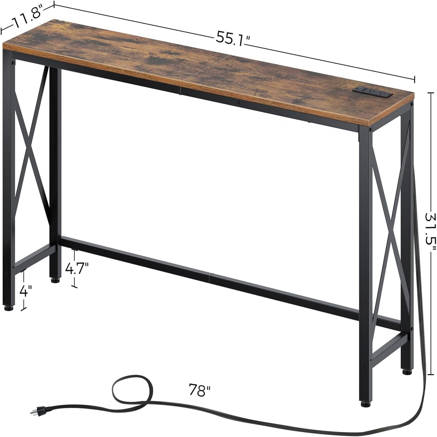 Mesa de console de 55,1/70,8 polegadas com tomada, mesa de sofá com estação de carregamento, mesa de entrada industrial, mesa de entrada estreita, mesa de corredor fina, mesa de trás de sofá, mesa de trás de sofá para entrada, corredor, lareira, marrom rú