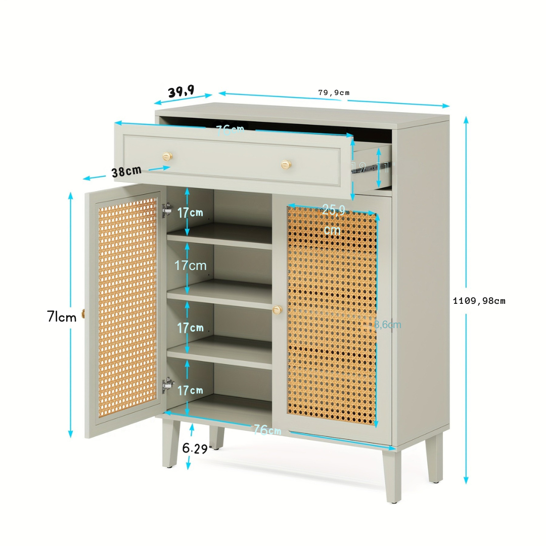 Armário de Piso Moderno com Portas Decoradas com Rattan e Prateleiras Ajustáveis + 1 Ano de Garantia