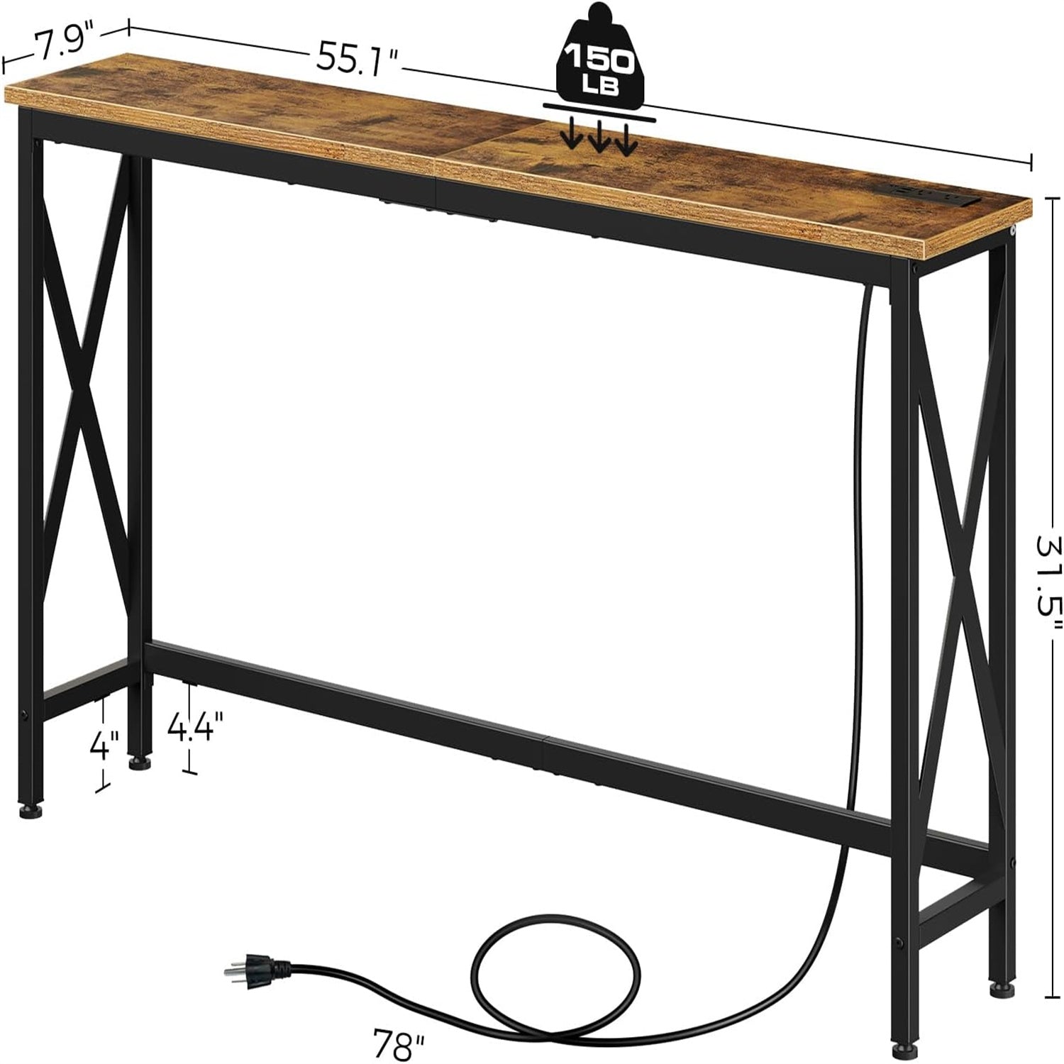 Mesa de console de 55,1/70,8 polegadas com tomada, mesa de sofá com estação de carregamento, mesa de entrada industrial, mesa de entrada estreita, mesa de corredor fina, mesa de trás de sofá, mesa de trás de sofá para entrada, corredor, lareira, marrom rú